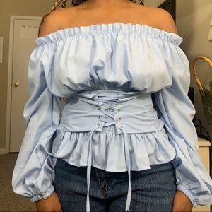 Powder Blue Off the Shoulder Corset Waist Top